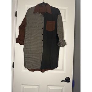 Hers And Mine Button Up Colorblock Plaid Shirt Large Beige Red Green Blue